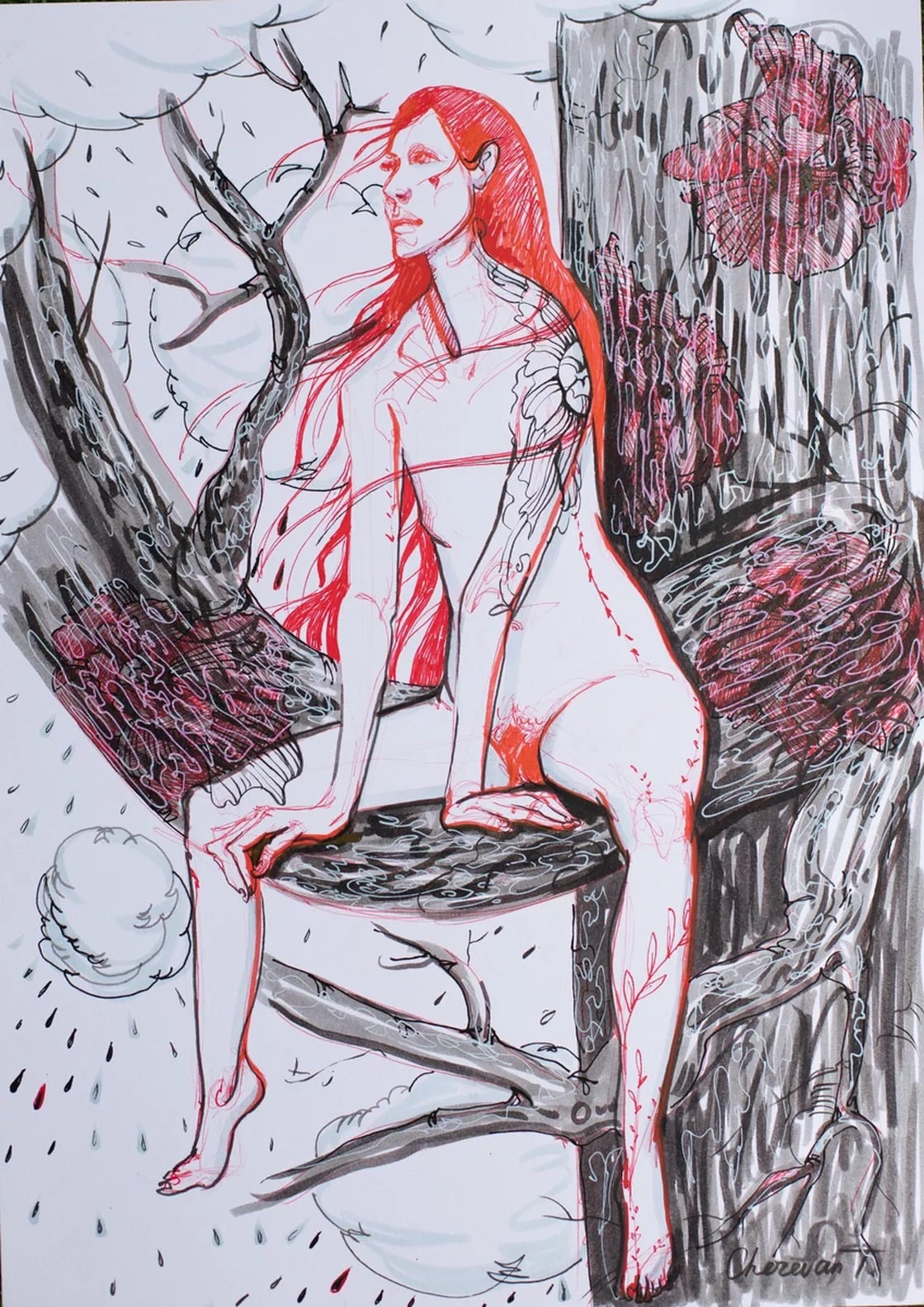 It rained everywhere. Woman in tree