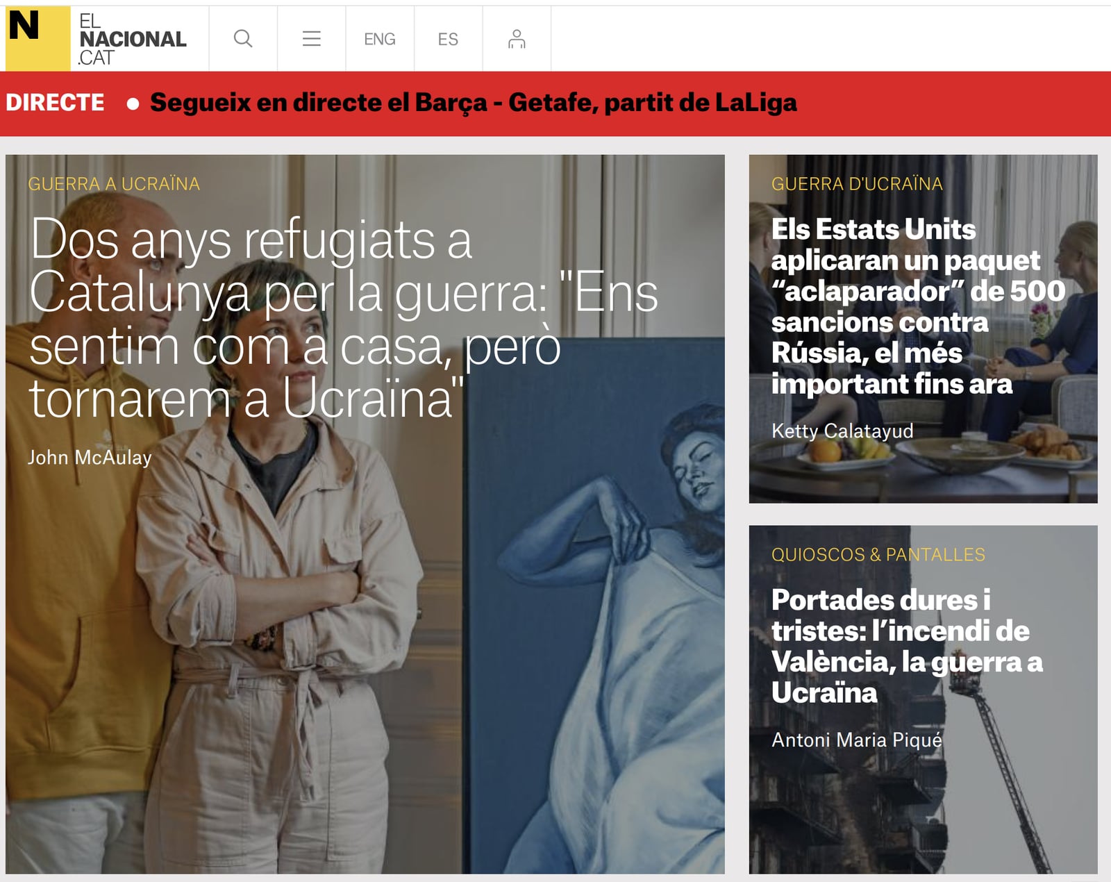 Screenshot of the elnacional.cat report "Dos anys refugiats a Catalunya per la guerra" featuring Ukrainian artist Tetiana Cherevan and her family, refugees in Catalonia